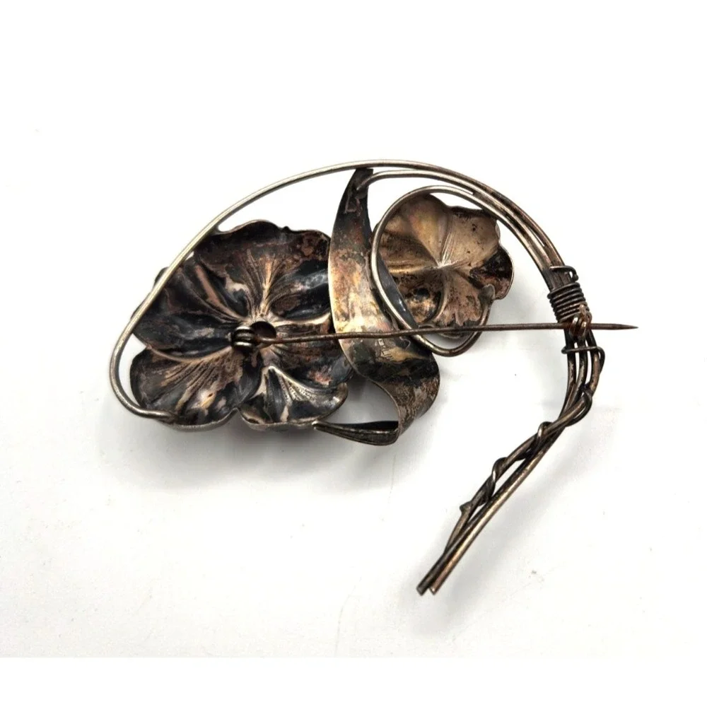 Art Nouveau Style Marked Sterling Silver Large Floral Vintage Brooch Pin